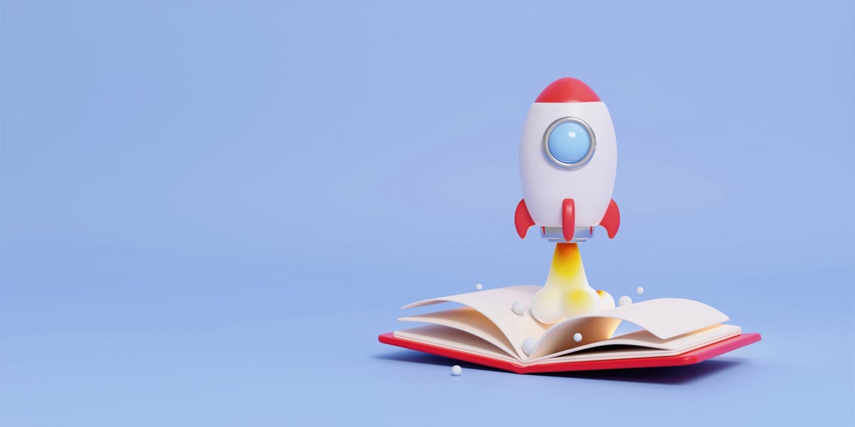 An imaginative 3D render featuring a rocket launching from a book, symbolizing creativity and exploration for the back-to-school theme.