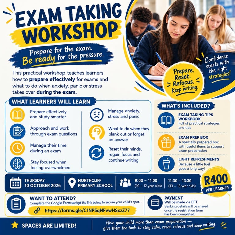 Exam Taking Workshop flyer advertising test preparation course with learning objectives, pricing at R400, and registration details
