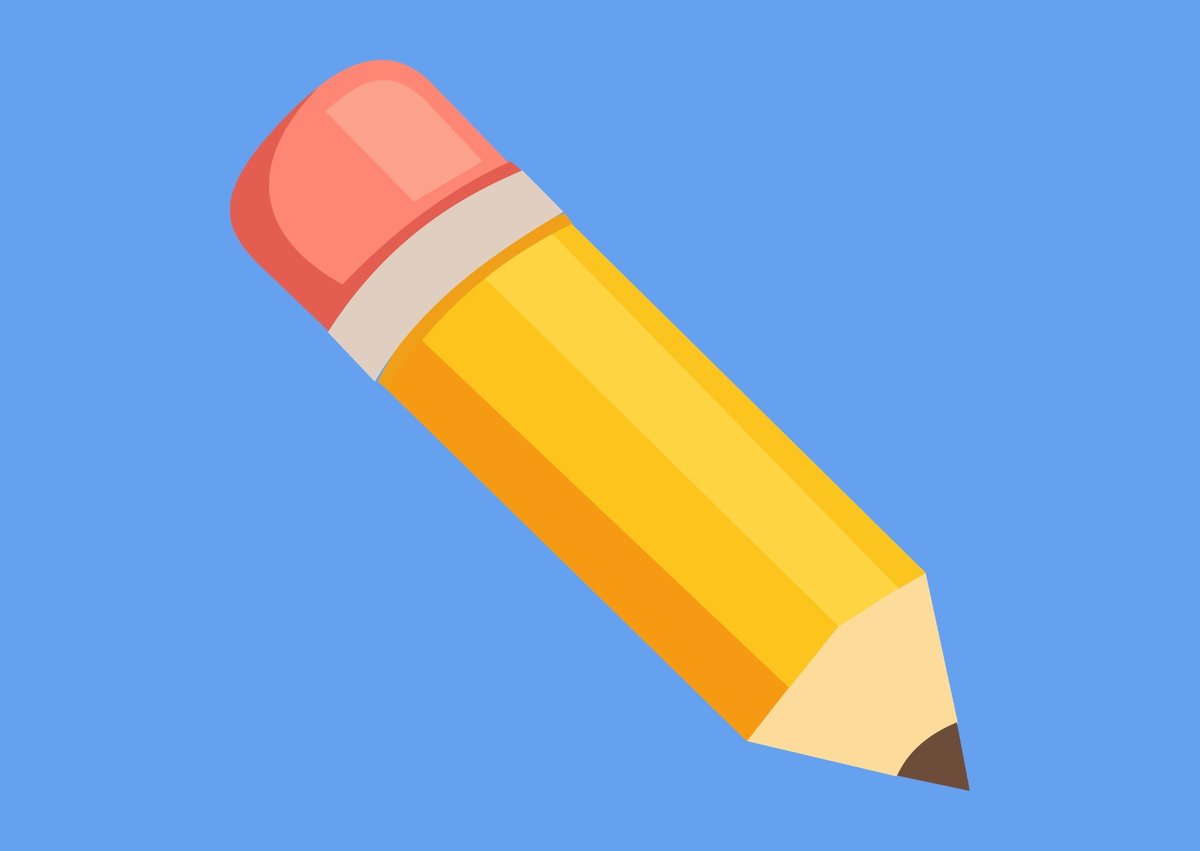 Yellow pencil with red eraser and metal ferrule on blue background
